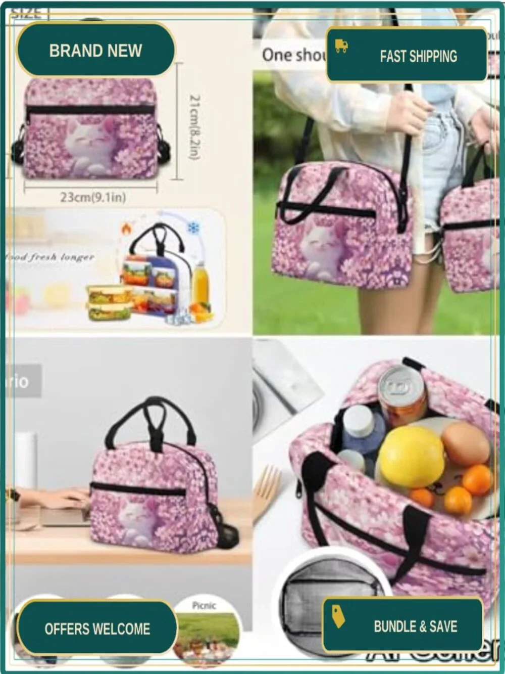 Kids 4-in-1 Backpack Lunch Bag Set Cute Cat Daypack for School Girls 17 inch